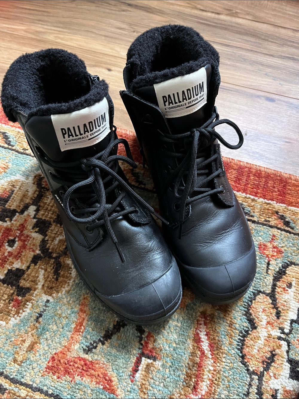 Palladium Black Lace-Up Winter Boots with Shearling Collar
